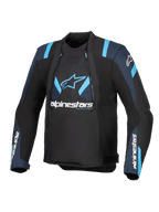 Chaqueta Alpinestars T-Stunt Air, negra con detalles en azul oscuro y azul brillante, chaqueta de moto textil con paneles de malla modulares, logotipo de Alpinestars en el pecho y las mangas, diseño elegante de corte deportivo