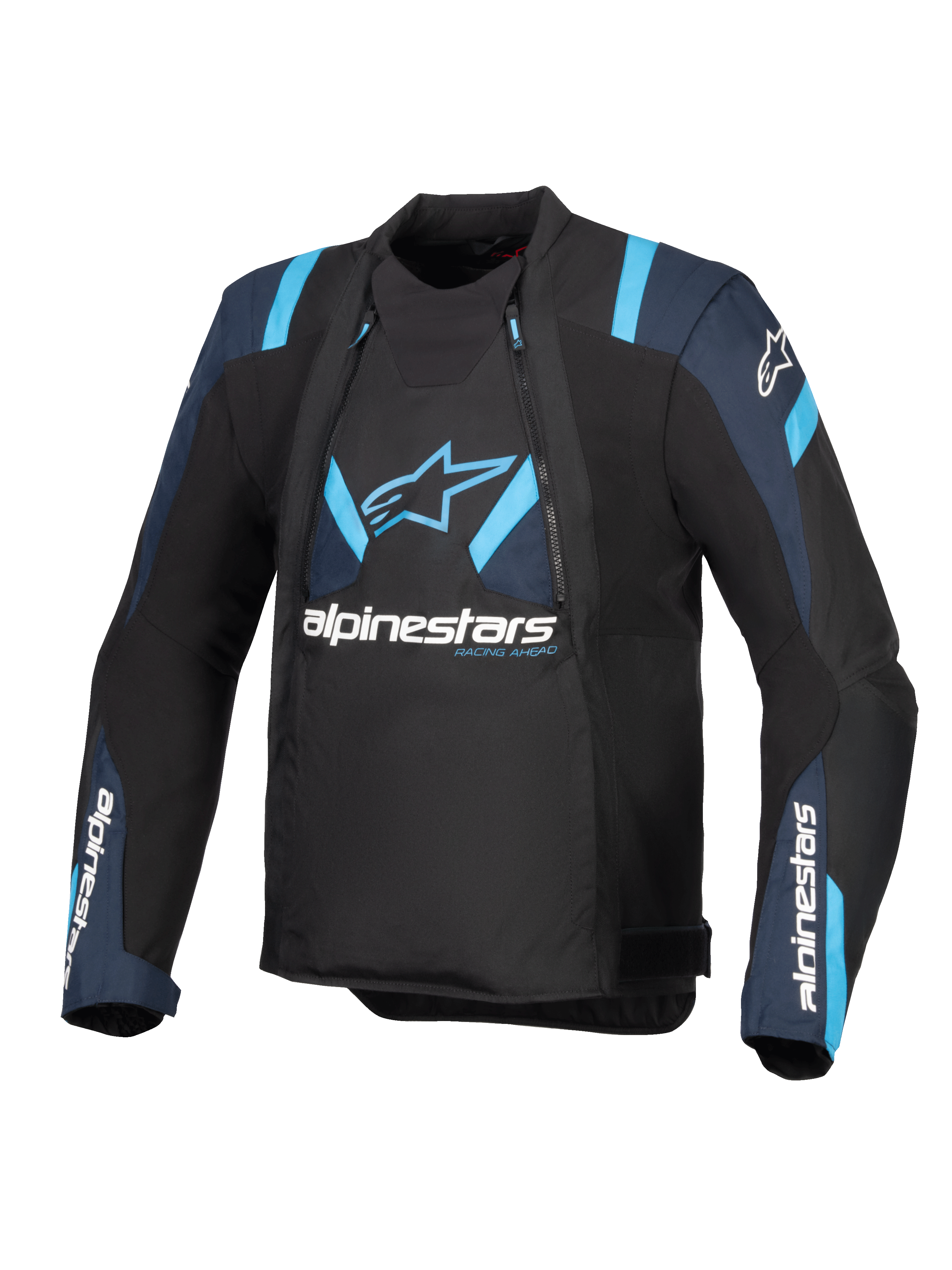 Chaqueta Alpinestars T-Stunt Air, negra con detalles en azul oscuro y azul brillante, chaqueta de moto textil con paneles de malla modulares, logotipo de Alpinestars en el pecho y las mangas, diseño elegante de corte deportivo