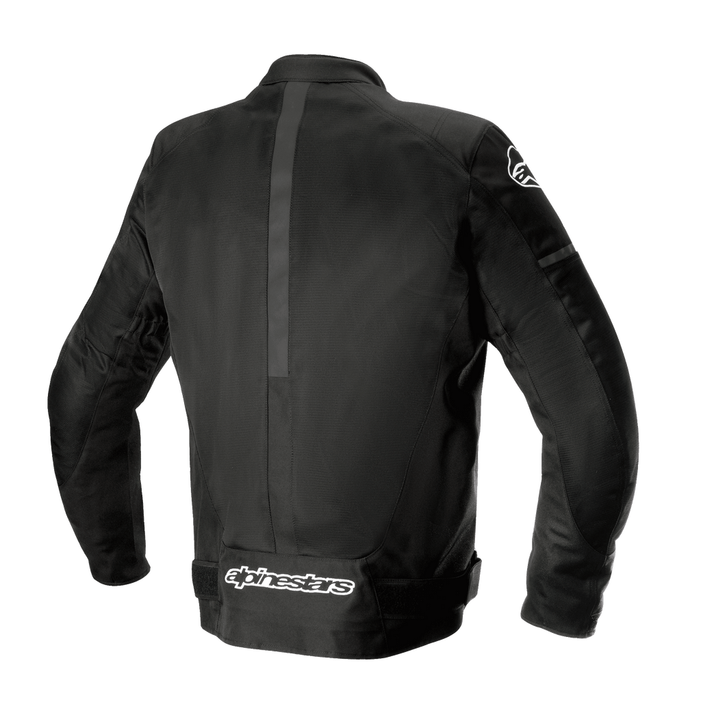 Chaqueta Alpinestars T-SP X Superair, negra, vista posterior que muestra la construcción textil y de malla, cuenta con amplios paneles de malla para ventilación y logotipo de Alpinestars en blanco en la parte inferior de la espalda, chaqueta de moto de ajuste deportivo.