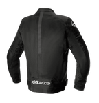 Chaqueta Alpinestars T-SP X Superair, negra, vista posterior que muestra la construcción textil y de malla, cuenta con amplios paneles de malla para ventilación y logotipo de Alpinestars en blanco en la parte inferior de la espalda, chaqueta de moto de ajuste deportivo.