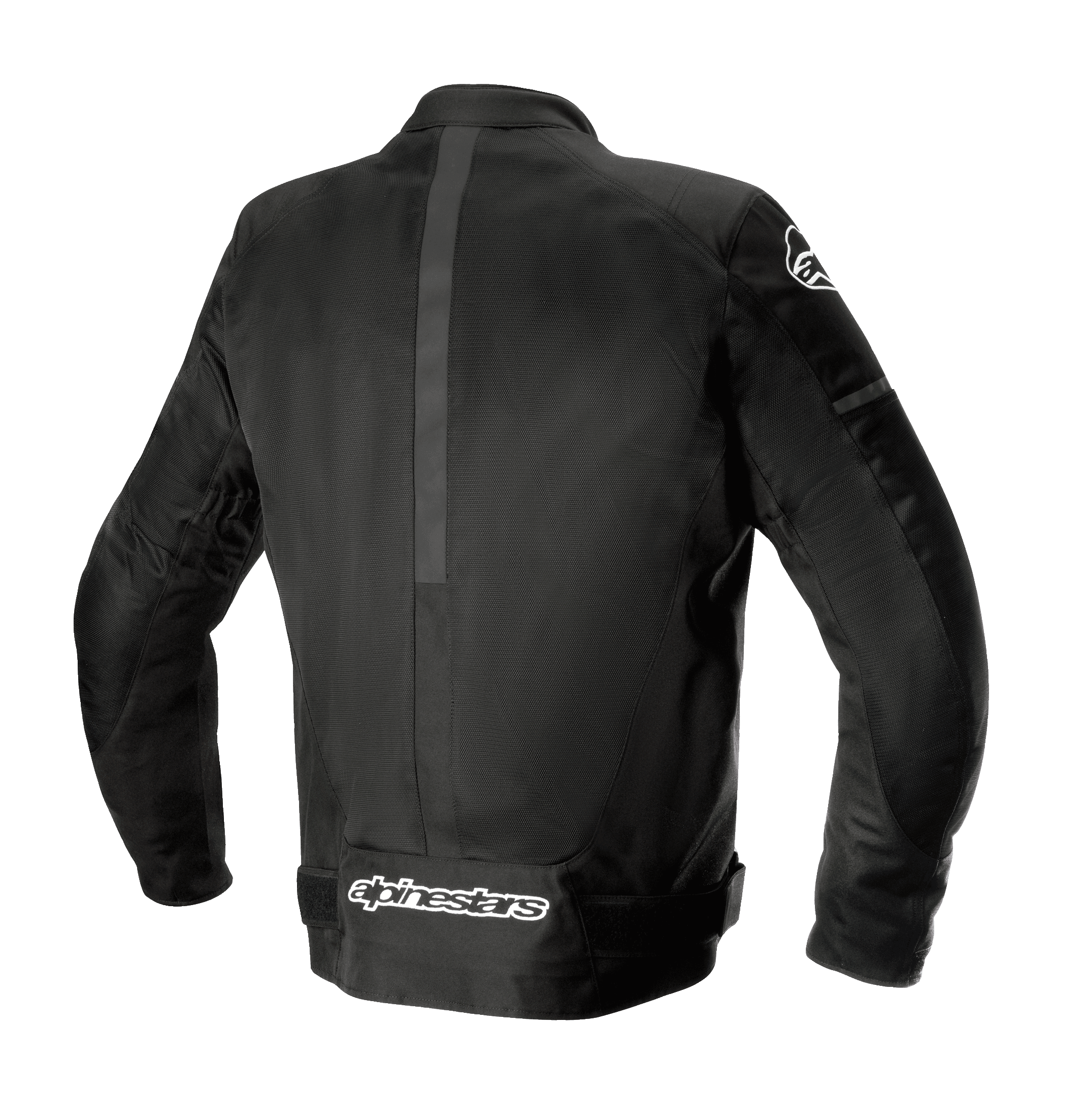 Chaqueta Alpinestars T-SP X Superair, negra, vista posterior que muestra la construcción textil y de malla, cuenta con amplios paneles de malla para ventilación y logotipo de Alpinestars en blanco en la parte inferior de la espalda, chaqueta de moto de ajuste deportivo.