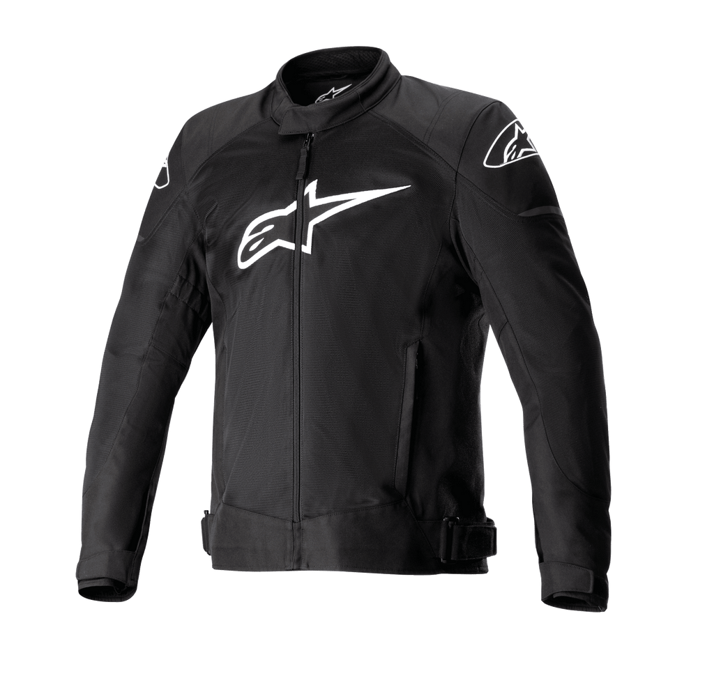 Alpinestars T-SP X Superair Jacket, chaqueta de moto negra con gran logotipo de Alpinestars blanco en el pecho, paneles de malla para el flujo de aire, cierre frontal de cremallera, correas de cintura ajustables, mangas precurvadas, diseñada para rendimiento deportivo en carretera