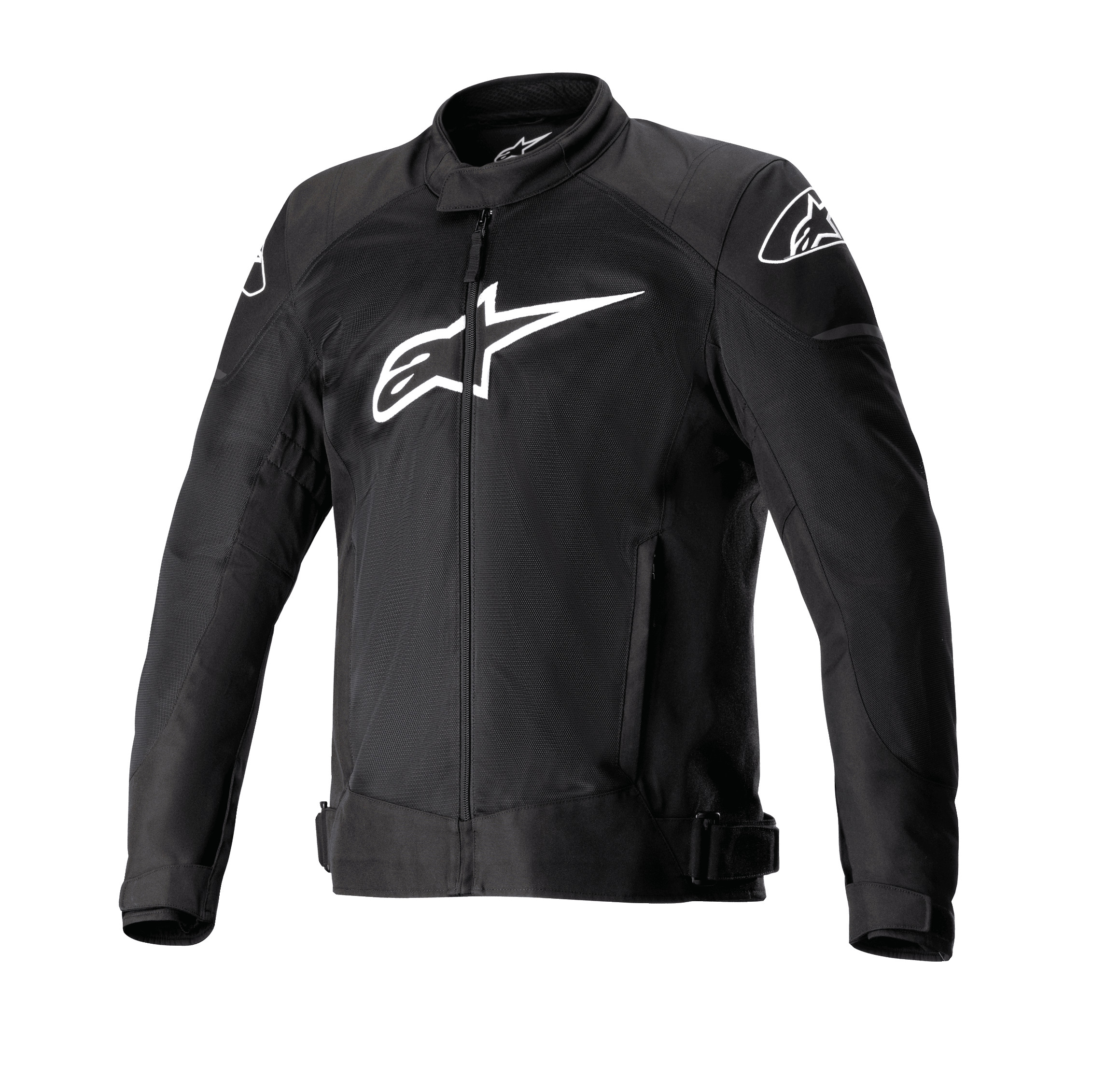 Alpinestars T-SP X Superair Jacket, chaqueta de moto negra con gran logotipo de Alpinestars blanco en el pecho, paneles de malla para el flujo de aire, cierre frontal de cremallera, correas de cintura ajustables, mangas precurvadas, diseñada para rendimiento deportivo en carretera