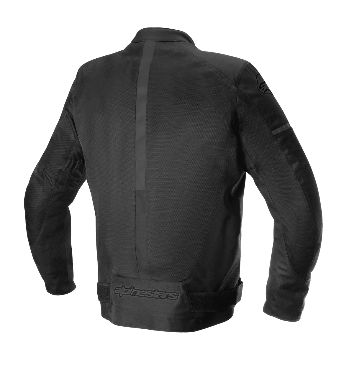 Chaqueta Alpinestars T-SP X Superair, chaqueta de moto, negra, vista trasera que muestra paneles de malla técnica, franja central vertical y logotipo tonal de Alpinestars en la parte inferior de la espalda, diseño de ajuste deportivo a medida