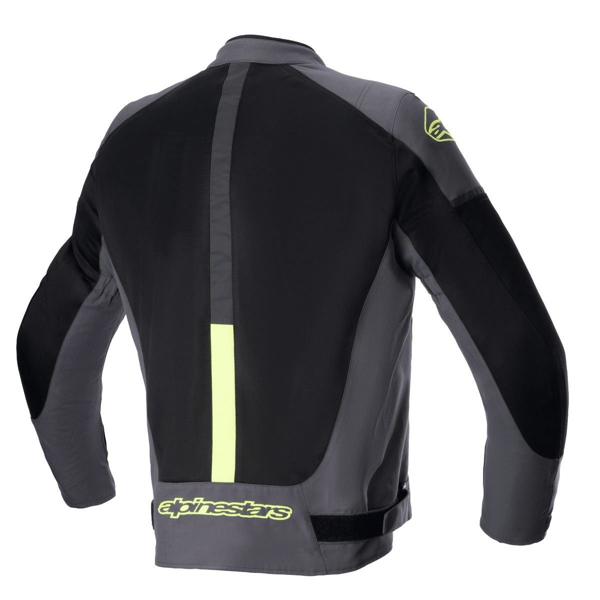 Chaqueta Alpinestars T-SP X Superair, chaqueta de moto, gris Tar, negro y amarillo flúor, vista trasera con amplios paneles de malla para ventilación y logotipos en amarillo flúor en la parte inferior de la espalda y el hombro.