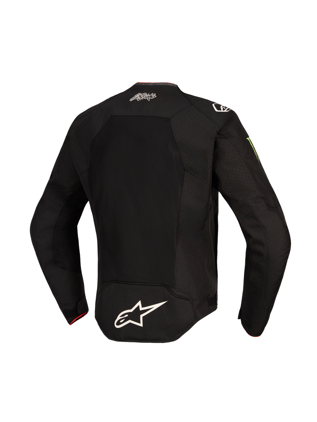 Alpinestars FQ20 T-SPS Air V2 Monster Jacket, back view, Black, featuring a large mesh ventilation panel, white Alpinestars logo on the lower back, El Diablo signature on the upper back, and Monster Energy logo on the sleeve, textile motorcycle jacket for sport riding