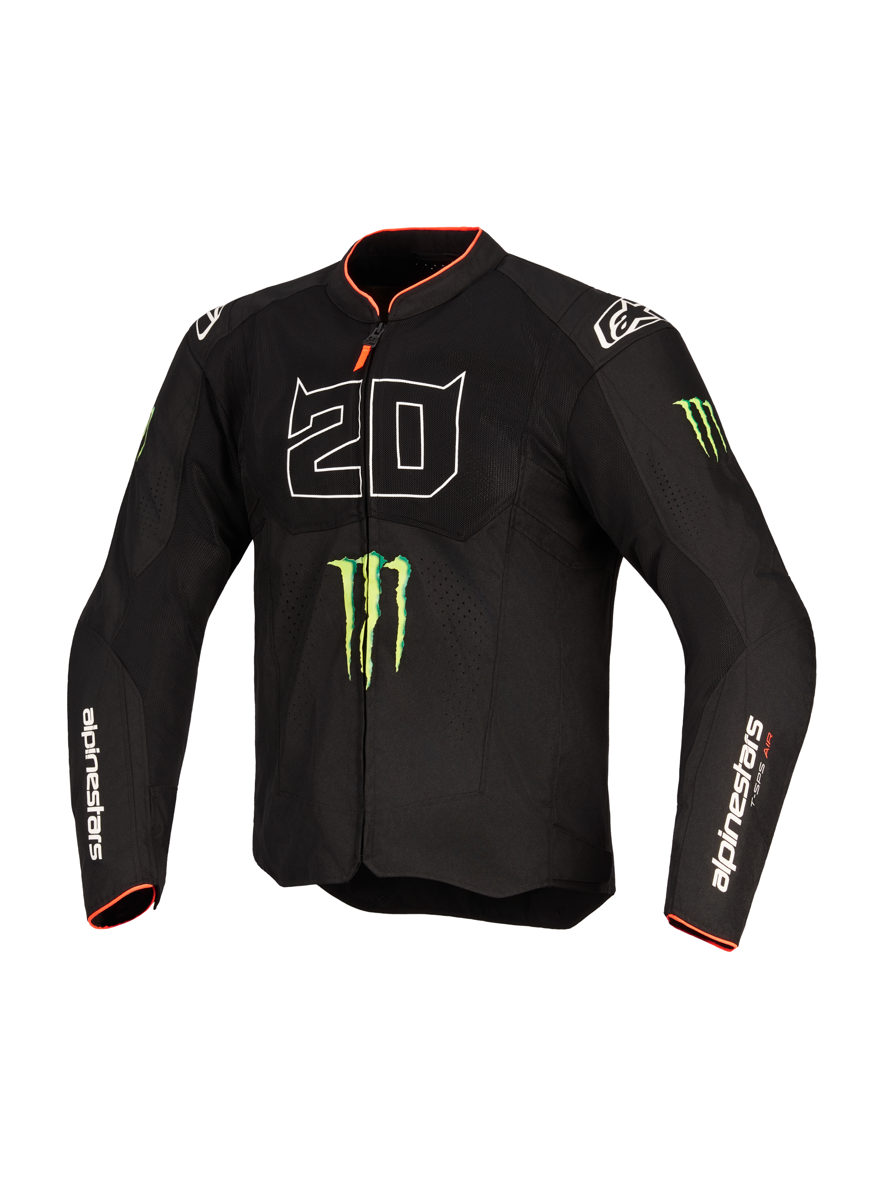 Alpinestars FQ20 T-SPS Air V2 Monster Jacket, Textile Motorcycle Jacket, Black with large white '20' graphic, featuring green Monster Energy claw logos and red trim on collar and cuffs, mesh panels for ventilation, Alpinestars branding on sleeves, performance fit for sport riding.