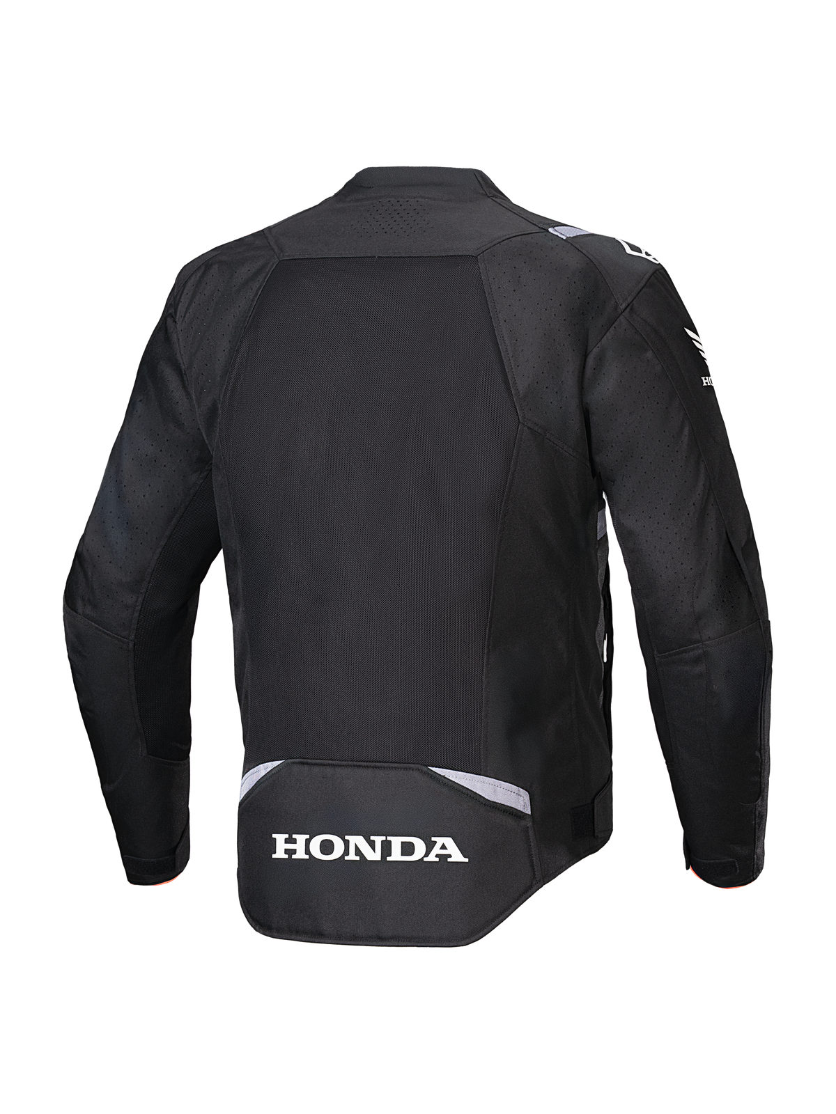 Chaqueta Alpinestars Honda T-SPS Air V2, negra, vista trasera con un gran panel de malla en la espalda para la circulación del aire, logotipo de Honda en blanco en la parte inferior de la espalda y marca Alpinestars en los hombros, chaqueta textil de moto para conducción en verano.