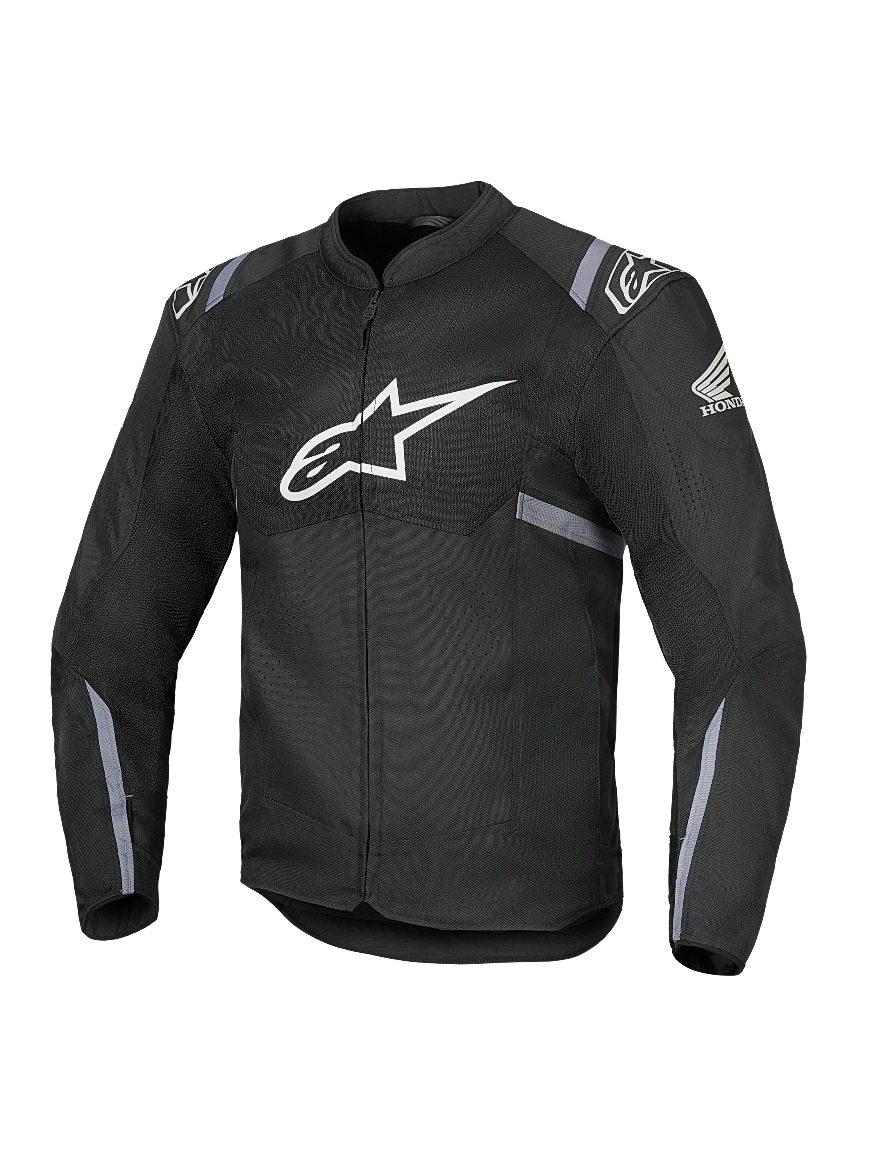 Chaqueta Alpinestars Honda T-SPS Air V2, chaqueta de moto textil negra con un gran logotipo de Alpinestars blanco en el pecho y el logo del ala de Honda en la manga, paneles de malla perforada para transpirabilidad, rayas reflectantes grises en mangas y cintura, y cierre frontal de cremallera.
