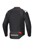 Chaqueta Alpinestars Honda T-SPS Air V2, chaqueta de moto textil, negro, blanco y rojo brillante, vista trasera con panel de malla grande para el flujo de aire y logotipo de Honda en blanco, diseño deportivo para conducción urbana en verano