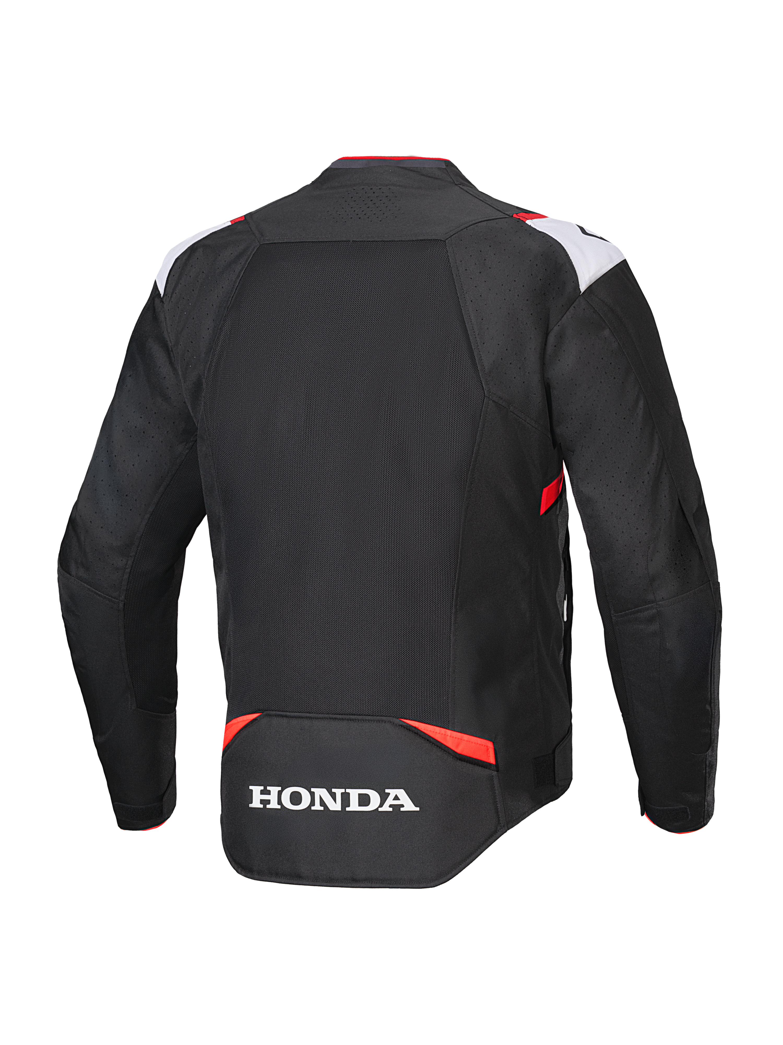 Chaqueta Alpinestars Honda T-SPS Air V2, chaqueta de moto textil, negro, blanco y rojo brillante, vista trasera con panel de malla grande para el flujo de aire y logotipo de Honda en blanco, diseño deportivo para conducción urbana en verano