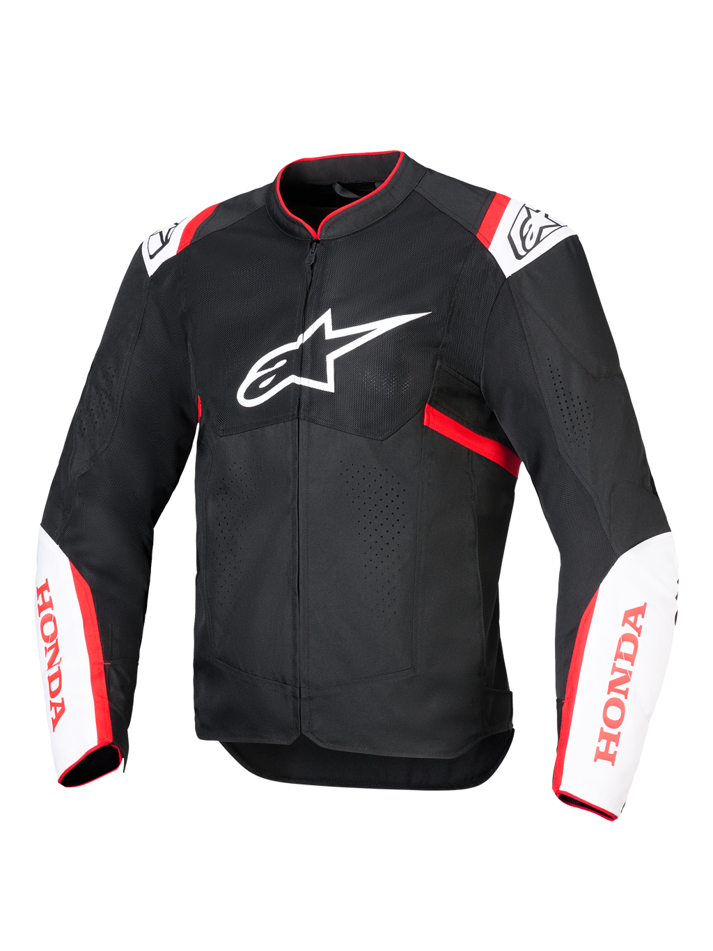 Chaqueta Alpinestars Honda T-SPS Air V2, chaqueta textil de moto, negra con detalles en blanco y rojo brillante, con paneles de malla técnica ventilada, logotipo de Alpinestars en el pecho y marca Honda roja en las mangas, diseño urbano deportivo para el flujo de aire