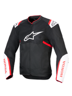 Chaqueta Alpinestars Honda T-SPS Air V2, chaqueta textil de moto, negra con detalles en blanco y rojo brillante, con paneles de malla técnica ventilada, logotipo de Alpinestars en el pecho y marca Honda roja en las mangas, diseño urbano deportivo para el flujo de aire