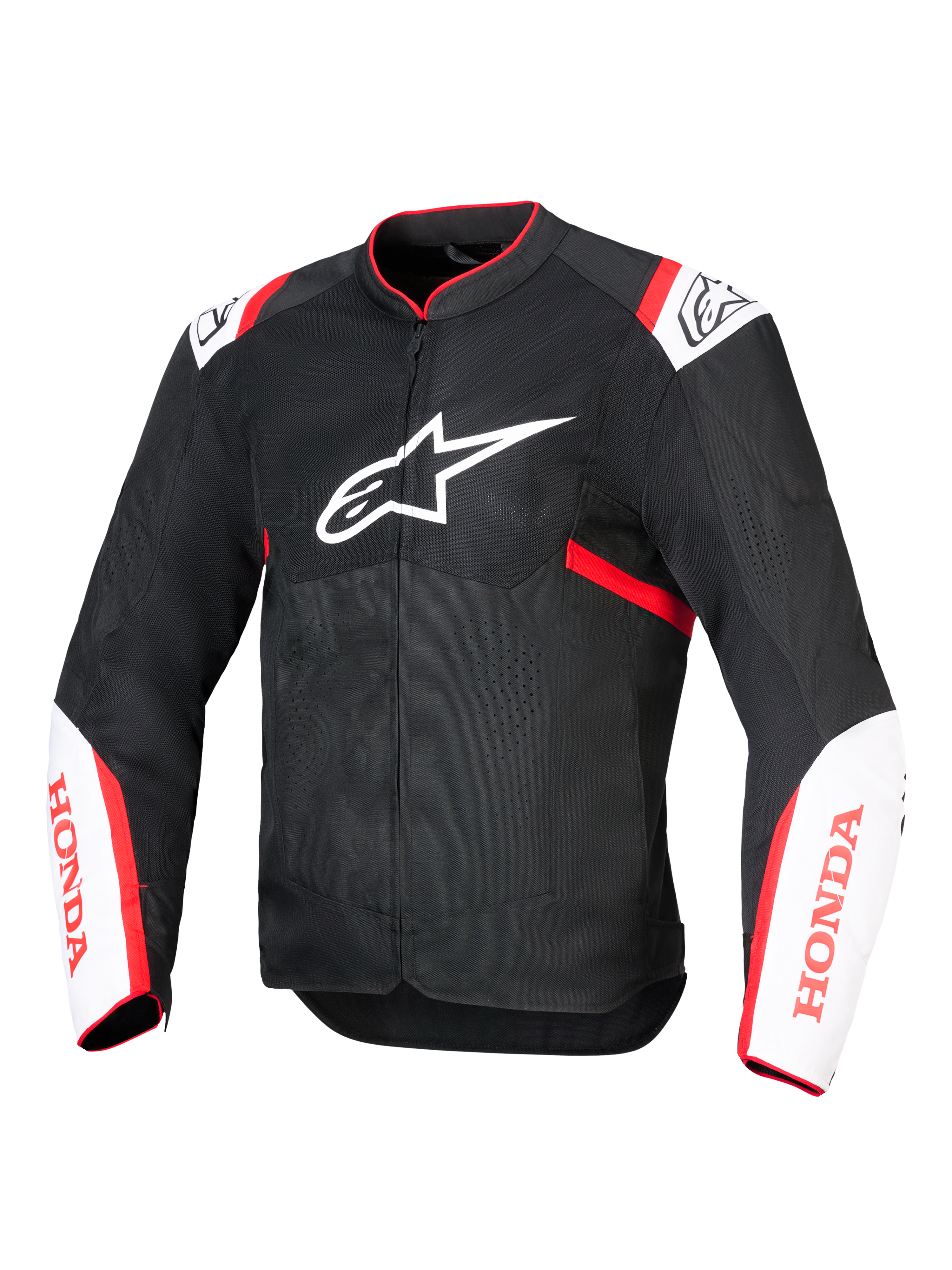 Chaqueta Alpinestars Honda T-SPS Air V2, chaqueta textil de moto, negra con detalles en blanco y rojo brillante, con paneles de malla técnica ventilada, logotipo de Alpinestars en el pecho y marca Honda roja en las mangas, diseño urbano deportivo para el flujo de aire