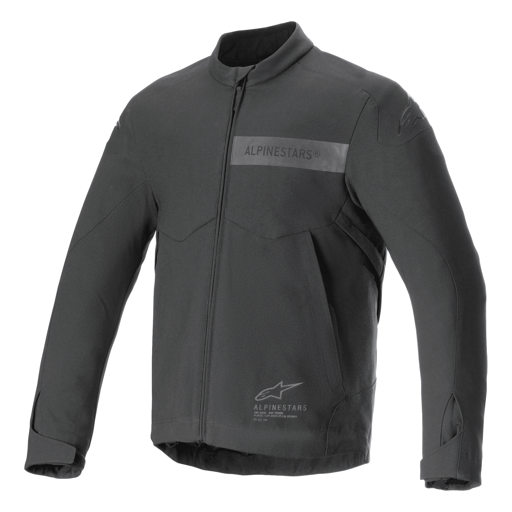 Alpinestars Aeron Jacket, chaqueta de moto, negra, diseño minimalista para el verano, con cuello alto, cremallera frontal completa, marca Alpinestars tonal en el pecho y puños ajustables