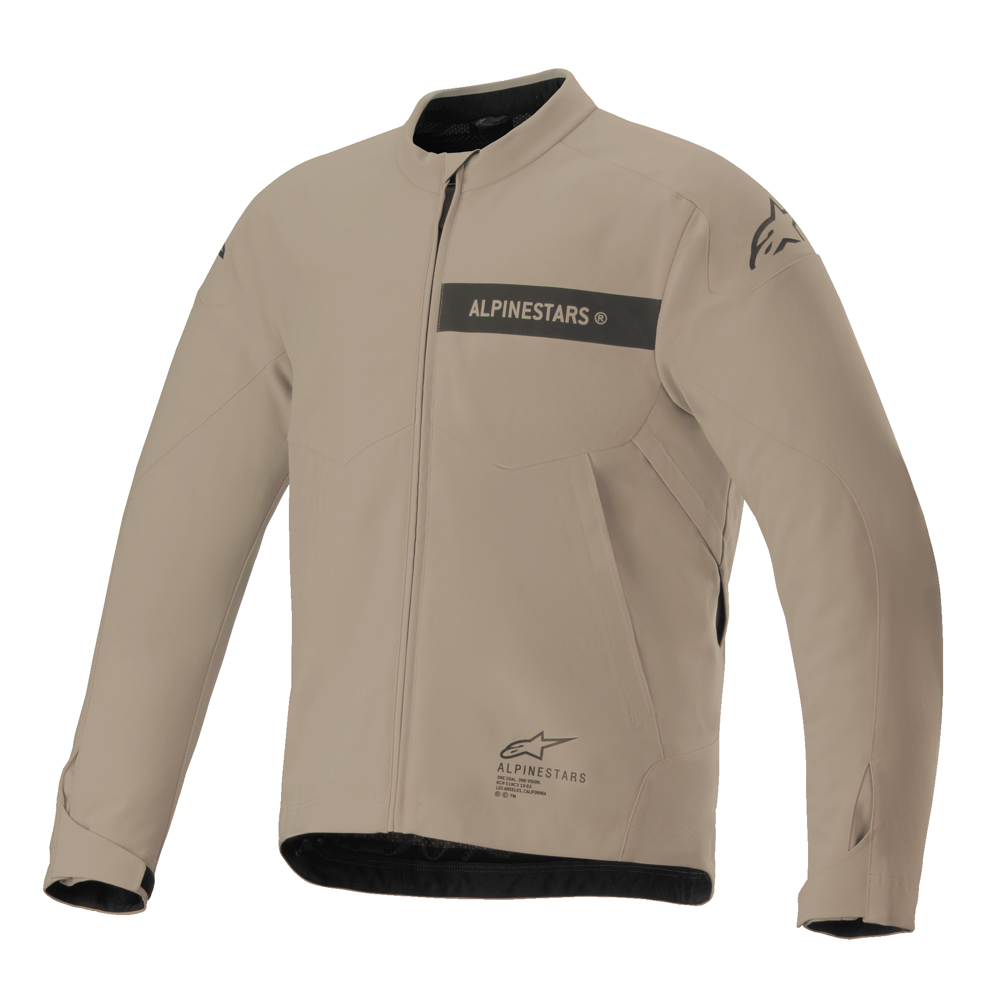 Alpinestars Aeron Jacket, chaqueta de moto urbana, beige y negro, construcción textil minimalista con franja de la marca en el pecho, cremallera frontal y puños ajustables