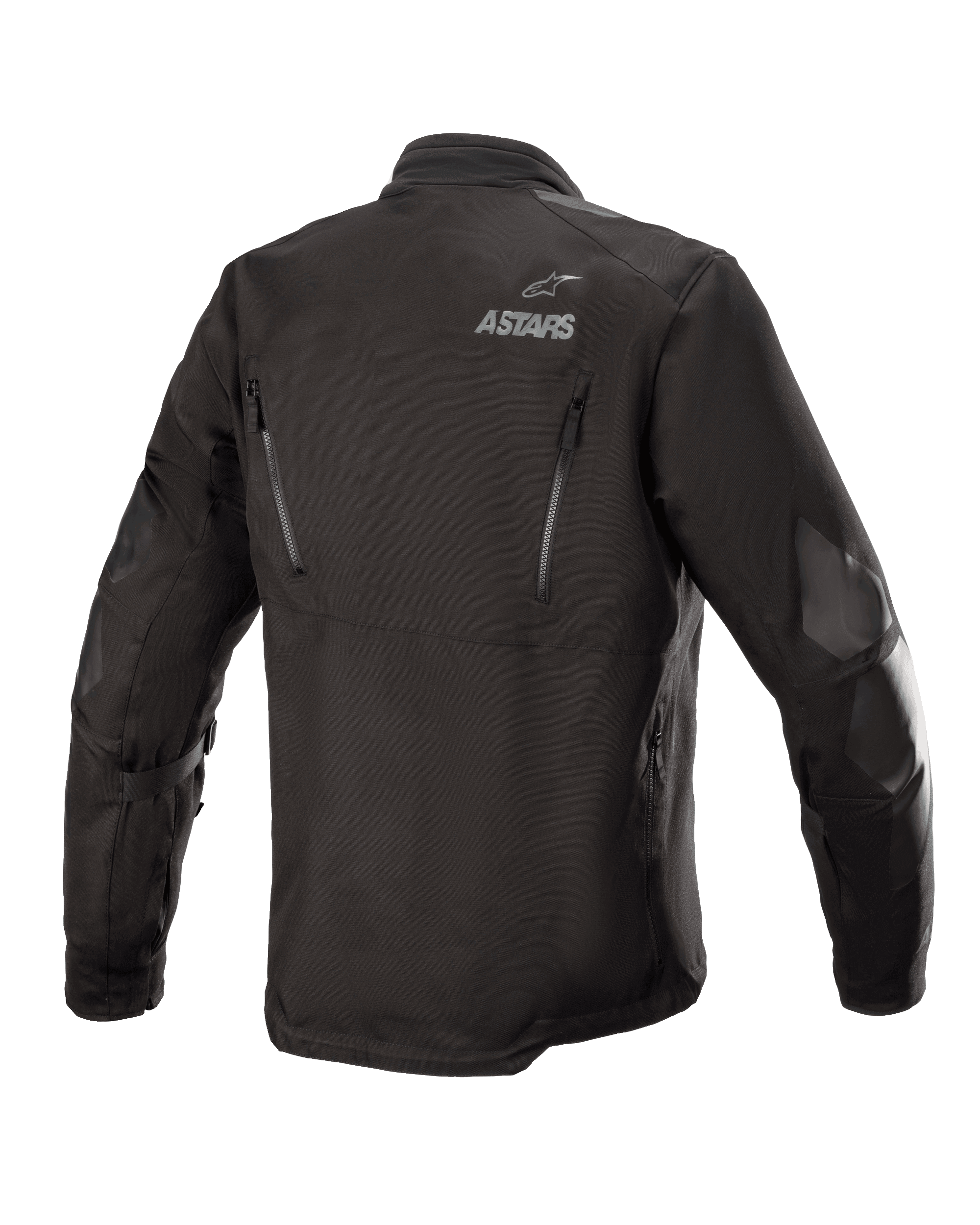 Alpinestars Venture XT Jacket, negra, vista posterior de una chaqueta de moto textil para turismo de aventura, con el logotipo ASTARS en el hombro, cremalleras de ventilación verticales en la espalda y refuerzos de película de PU en los brazos