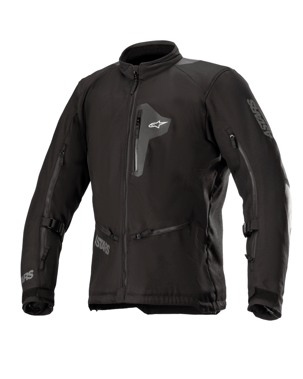 Chaqueta Alpinestars Venture XT, chaqueta de moto textil negra, vista frontal que muestra el bolsillo con cremallera en el pecho y amplias aberturas de ventilación en las mangas, correas ajustables en los brazos, cuello alto, construcción resistente al agua para adventure touring.