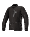 Chaqueta Alpinestars Venture XT, chaqueta de moto textil negra, vista frontal que muestra el bolsillo con cremallera en el pecho y amplias aberturas de ventilación en las mangas, correas ajustables en los brazos, cuello alto, construcción resistente al agua para adventure touring.