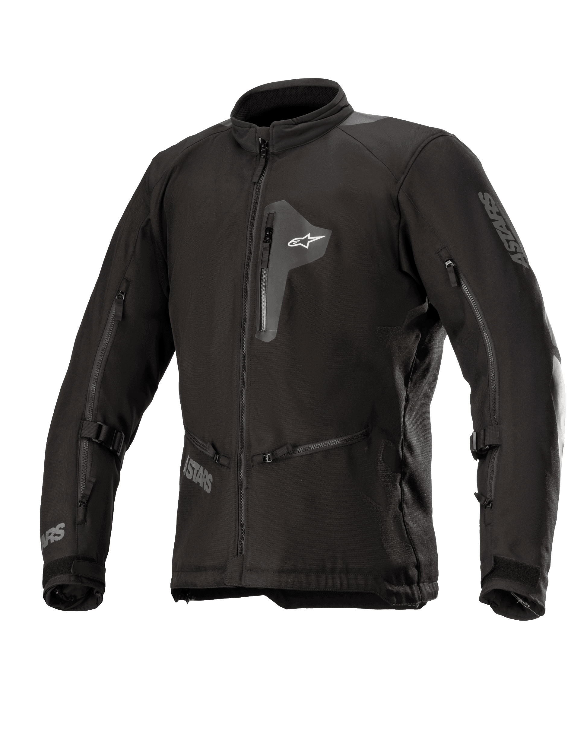 Chaqueta Alpinestars Venture XT, chaqueta de moto textil negra, vista frontal que muestra el bolsillo con cremallera en el pecho y amplias aberturas de ventilación en las mangas, correas ajustables en los brazos, cuello alto, construcción resistente al agua para adventure touring.