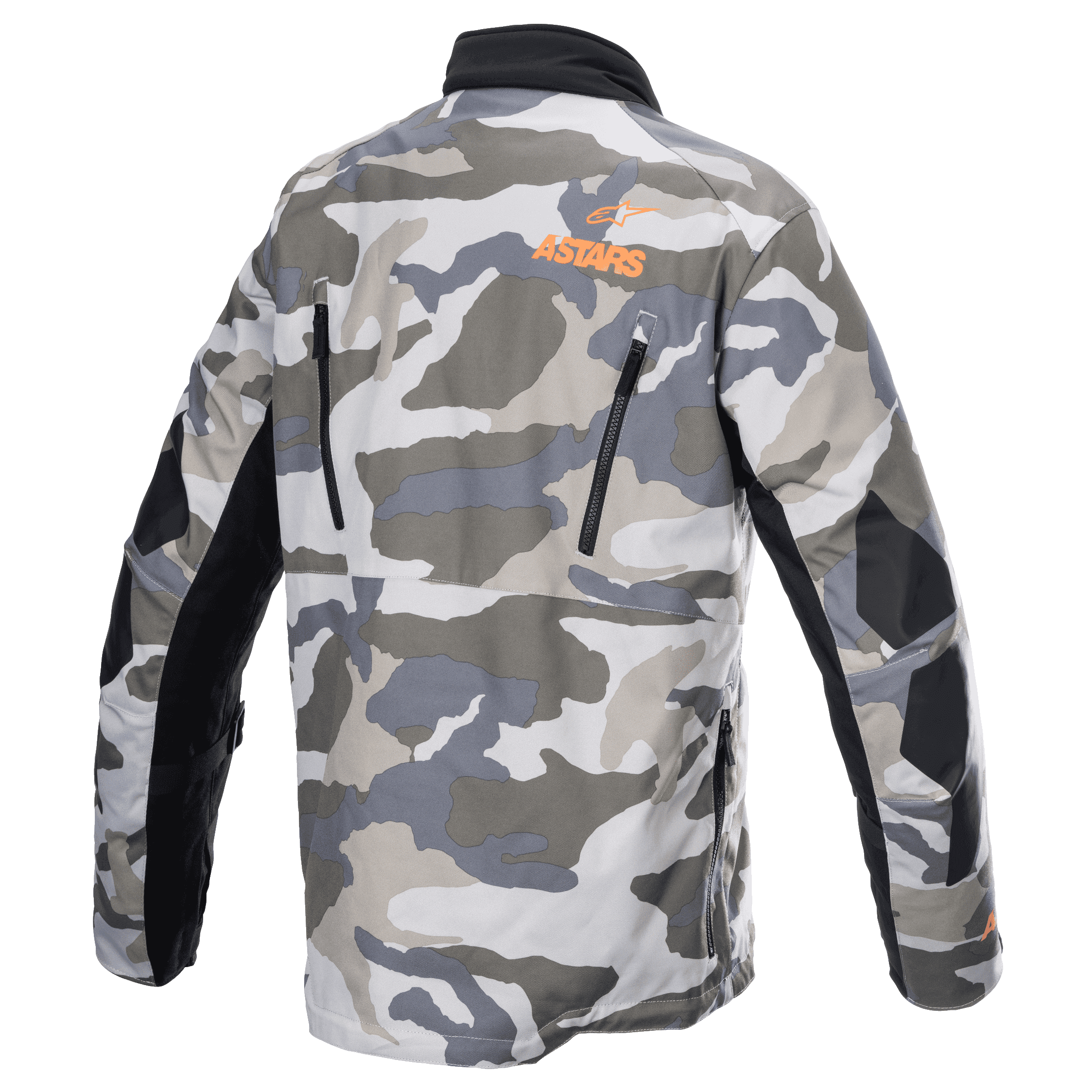 Alpinestars Venture XT Jacket, Mojave Camo Orange Fluo, back view showing grey and white camouflage pattern, orange ASTARS logo on the upper back, black ventilation zippers, and reinforced arm panels, adventure touring motorcycle jacket.