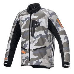 Alpinestars Venture XT Jacket, Motorcycle Adventure Touring Jacket, Mojave Camo in shades of gray and white with orange fluo accents, black textile panels on sleeves, zippered chest and waist pockets, high collar, durable textile construction for off-road adventure