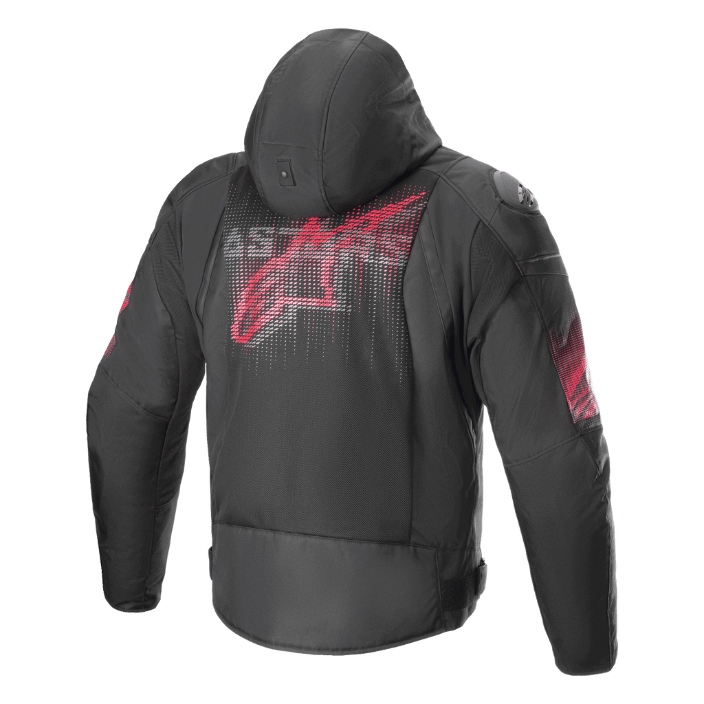 Chaqueta Alpinestars Zaca Air Venom WP, negro y rojo brillante, vista trasera con un gran logotipo rojo estilizado en la espalda, chaqueta textil para moto con paneles de malla 3D, capucha desmontable y deslizadores de hombro DFS Lite, equipamiento de conducción deportiva.