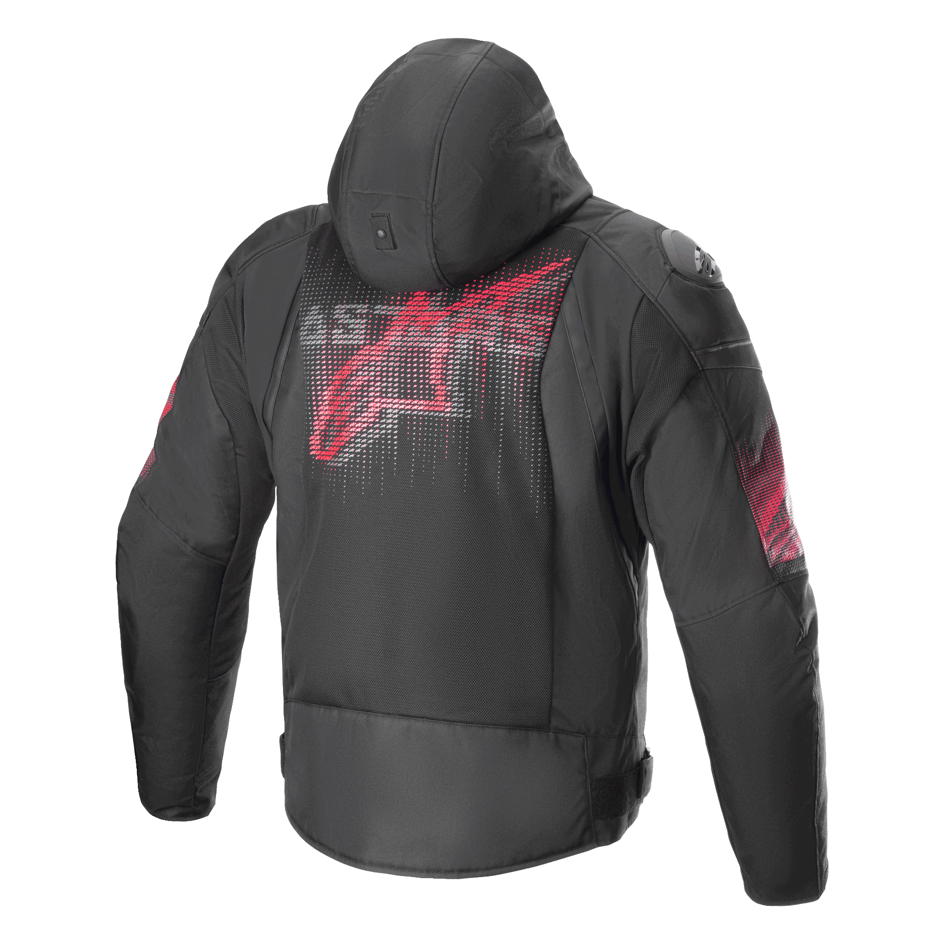 Chaqueta Alpinestars Zaca Air Venom WP, negro y rojo brillante, vista trasera con un gran logotipo rojo estilizado en la espalda, chaqueta textil para moto con paneles de malla 3D, capucha desmontable y deslizadores de hombro DFS Lite, equipamiento de conducción deportiva.