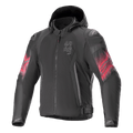 Alpinestars Zaca Air Venom WP Jacket, chaqueta de moto textil, negra y rojo brillante, gráficos degradados rojos en las mangas, logotipo vertical ASTARS en el pecho, diseño con capucha y construcción de malla para ventilación, equipamiento de conducción deportiva