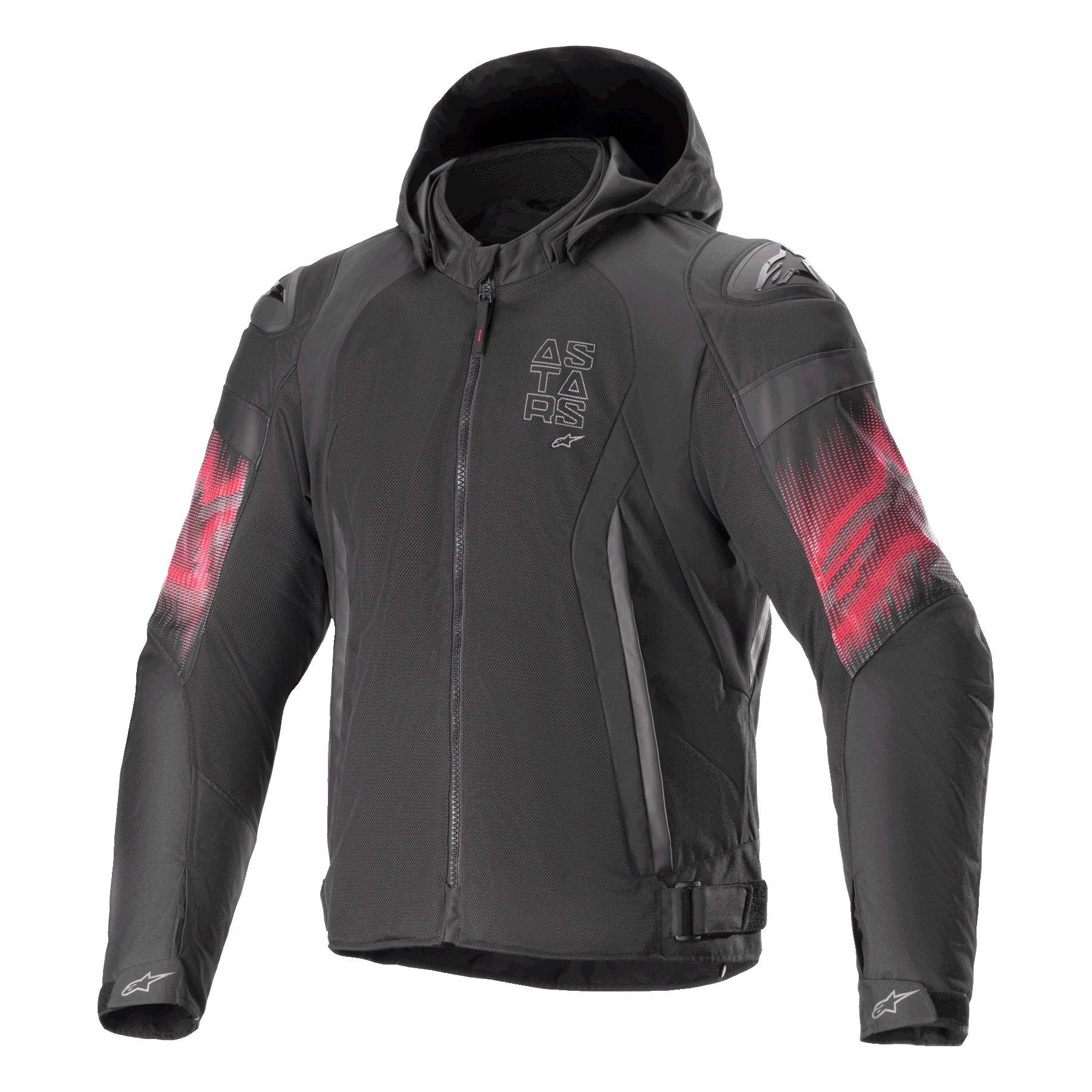 Alpinestars Zaca Air Venom WP Jacket, chaqueta de moto textil, negra y rojo brillante, gráficos degradados rojos en las mangas, logotipo vertical ASTARS en el pecho, diseño con capucha y construcción de malla para ventilación, equipamiento de conducción deportiva