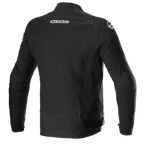 Alpinestars T-GP Force Jacket, chaqueta textil de moto, negra, vista trasera que muestra la marca Alpinestars en la parte superior de la espalda y los hombros, diseño deportivo estilizado.