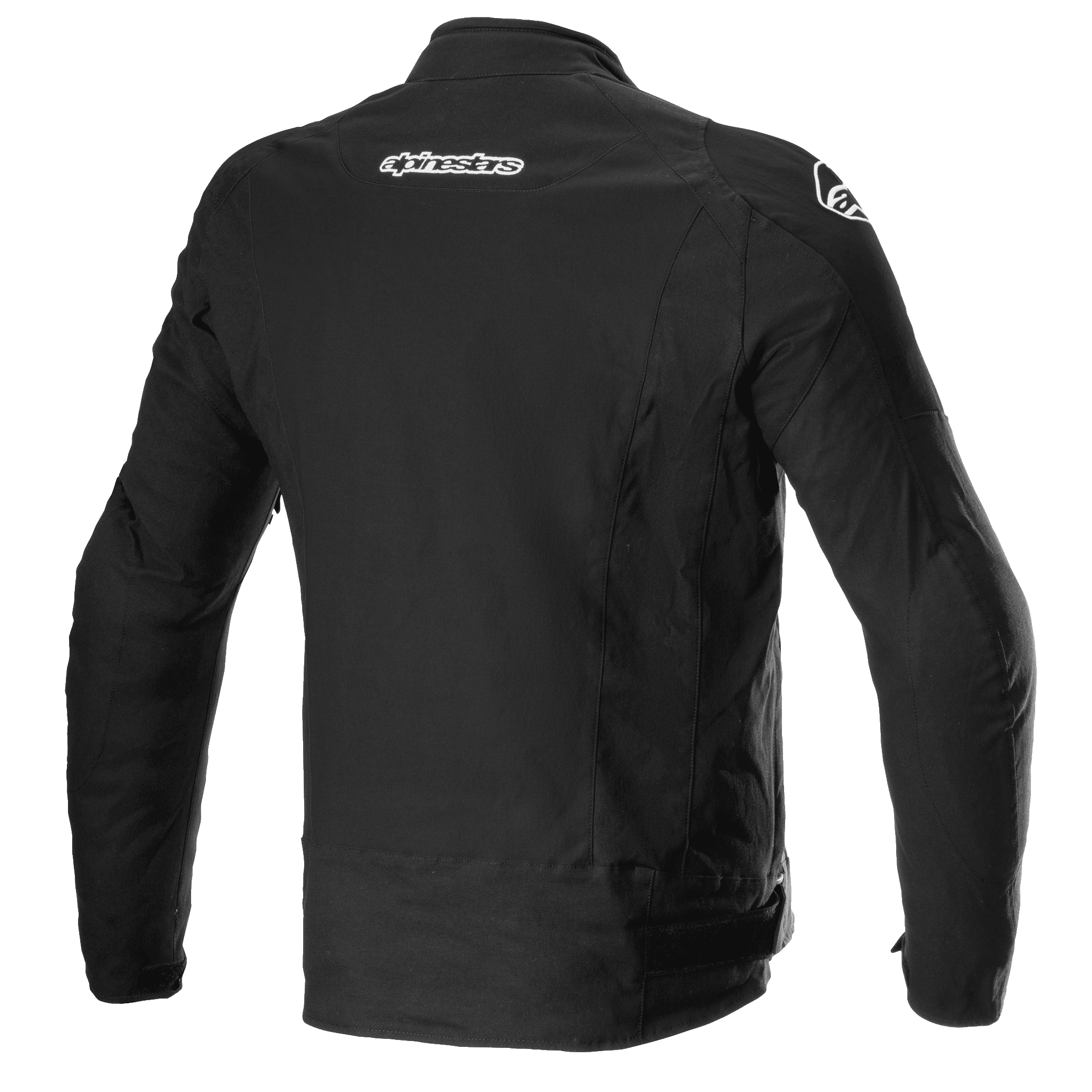 Alpinestars T-GP Force Jacket, chaqueta textil de moto, negra, vista trasera que muestra la marca Alpinestars en la parte superior de la espalda y los hombros, diseño deportivo estilizado.