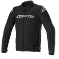 Alpinestars T-GP Force Jacket, chaqueta de moto textil negra con logotipos blancos en el pecho y los hombros, cremallera frontal completa, cuello alto, mangas precurvadas, diseño deportivo ajustado para conducción en carretera
