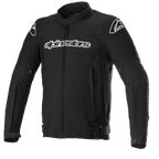 Alpinestars T-GP Force Jacket, chaqueta de moto textil negra con logotipos blancos en el pecho y los hombros, cremallera frontal completa, cuello alto, mangas precurvadas, diseño deportivo ajustado para conducción en carretera
