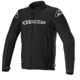 A black Alpinestars EU textile T-GP Force Jacket featuring long sleeves, a front zipper, and the Alpinestars logo prominently displayed on the chest. This jacket boasts protective features with padding on the shoulders and elbows, additional branding on the upper arms, and compatibility with the Tech-Air® 5 Airbag System.