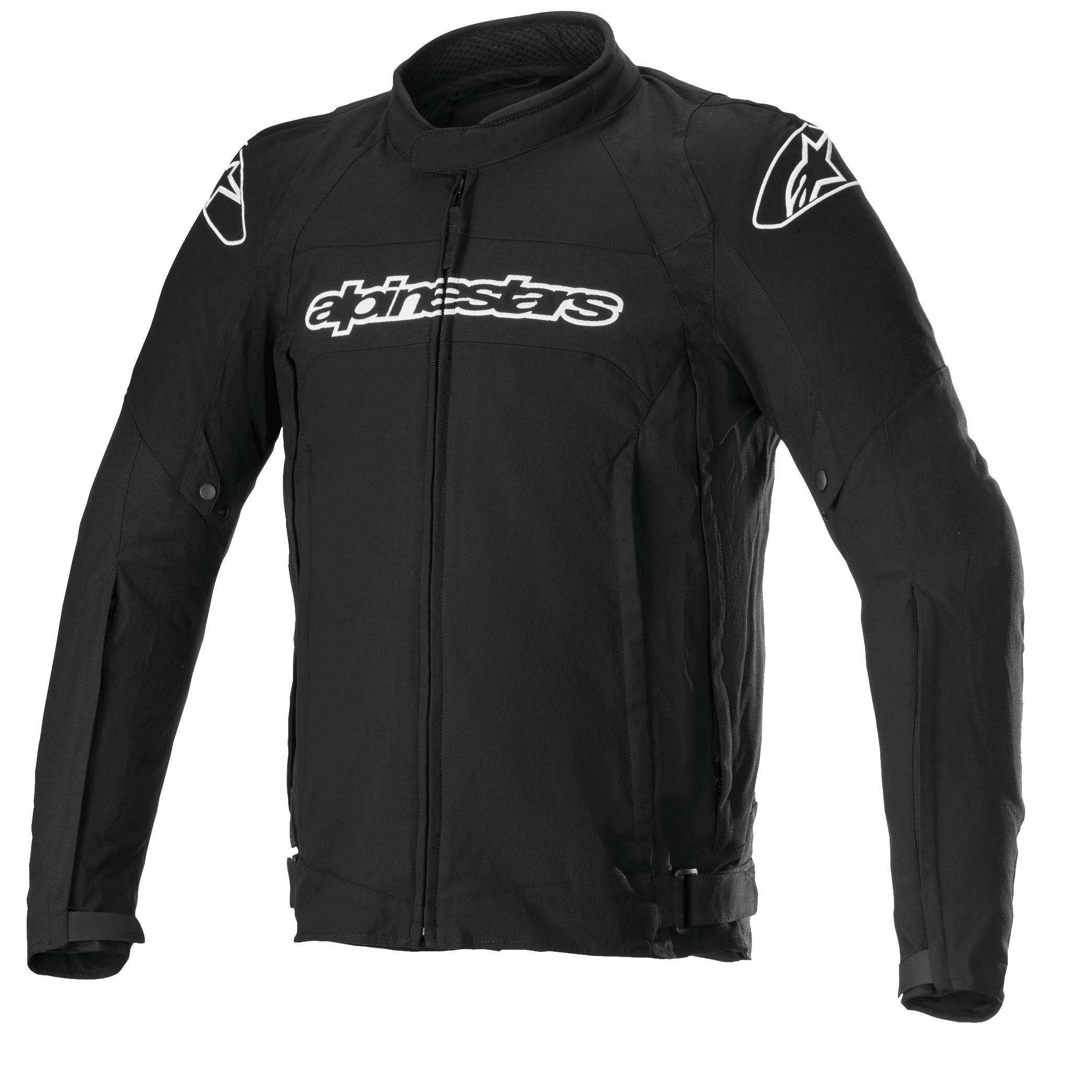 Alpinestars T-GP Force Jacket, chaqueta de moto textil negra con logotipos blancos en el pecho y los hombros, cremallera frontal completa, cuello alto, mangas precurvadas, diseño deportivo ajustado para conducción en carretera