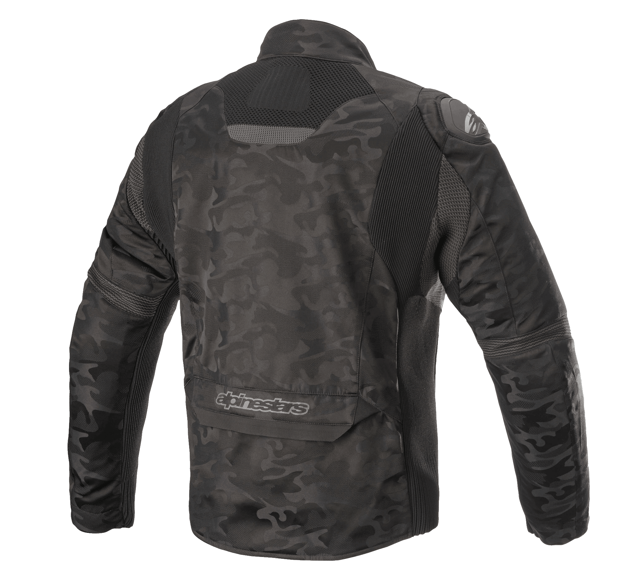 Chaqueta textil Alpinestars T SP-5 Rideknit®, chaqueta de moto, camuflaje negro, vista trasera con paneles elásticos de punto, patrón de camuflaje en tejido resistente a la abrasión, logotipo de Alpinestars en la parte inferior de la espalda.