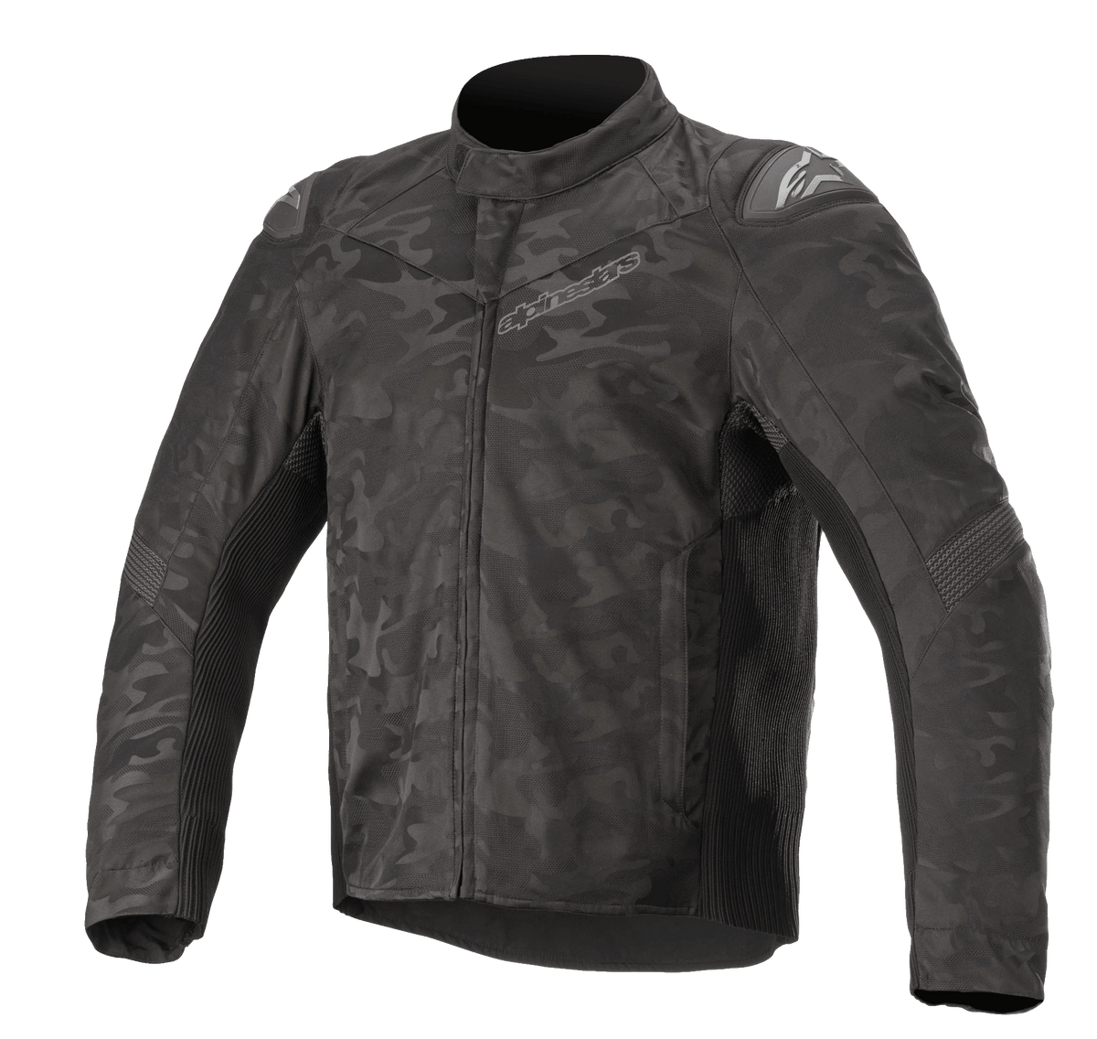 Alpinestars T SP-5 Rideknit® Textile Jacket, chaqueta de moto, camuflaje negro, con un patrón de camuflaje oscuro, paneles de punto acanalado para mayor elasticidad, deslizadores externos en los hombros, cuello alto y un ajuste deportivo estilizado