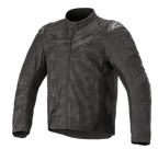 Alpinestars T SP-5 Rideknit® Textile Jacket, chaqueta de moto, camuflaje negro, con un patrón de camuflaje oscuro, paneles de punto acanalado para mayor elasticidad, deslizadores externos en los hombros, cuello alto y un ajuste deportivo estilizado