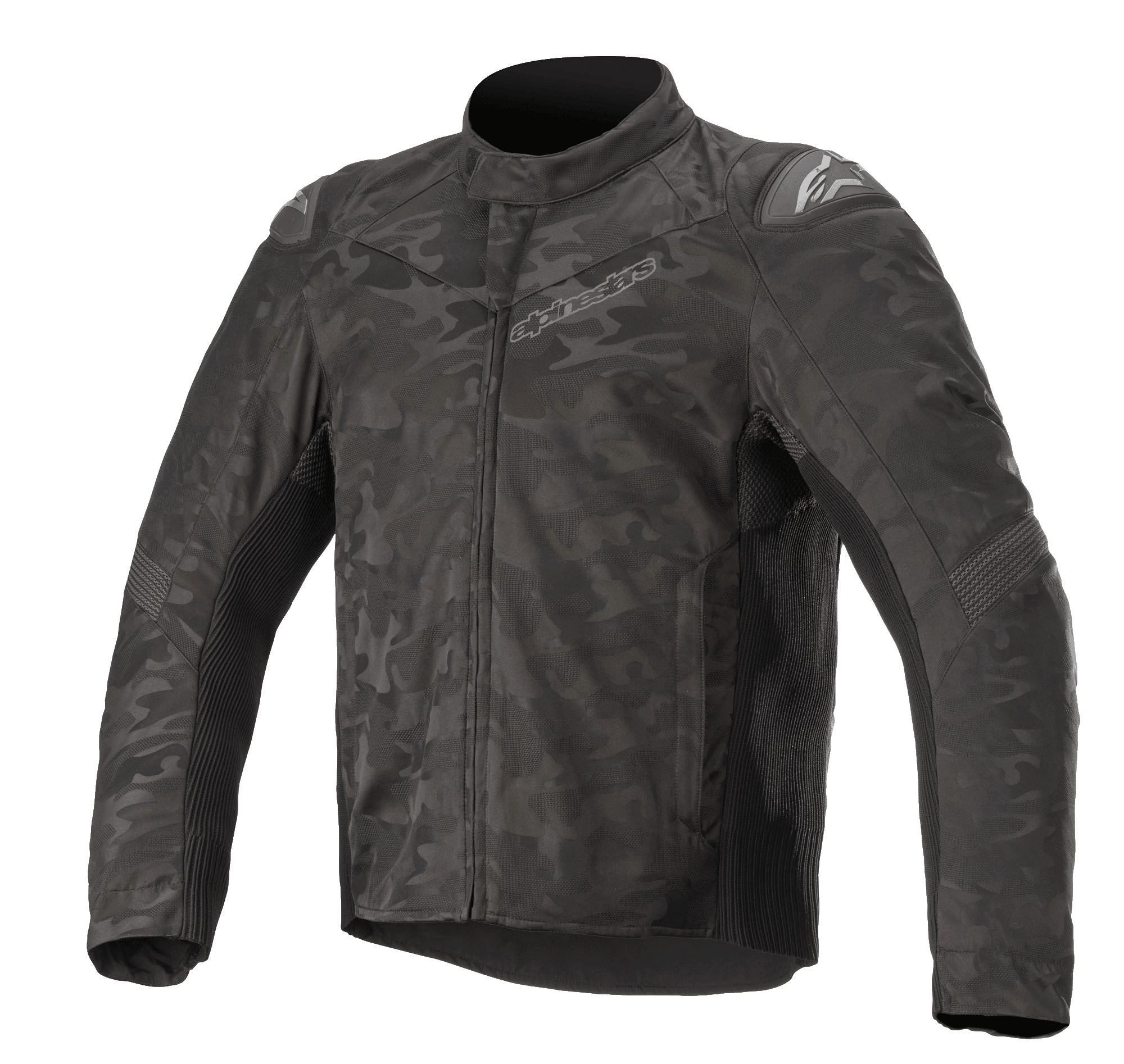 Alpinestars T SP-5 Rideknit® Textile Jacket, chaqueta de moto, camuflaje negro, con un patrón de camuflaje oscuro, paneles de punto acanalado para mayor elasticidad, deslizadores externos en los hombros, cuello alto y un ajuste deportivo estilizado
