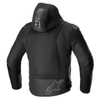 Alpinestars Zaca Air Jacket, chaqueta de moto textil, negra, vista posterior con amplios paneles de ventilación de malla 3D, capucha desmontable con marca Alpinestars, logotipo de estrella gris en la parte inferior de la espalda, equipo de protección para carretera con deslizadores de hombros DFS Lite
