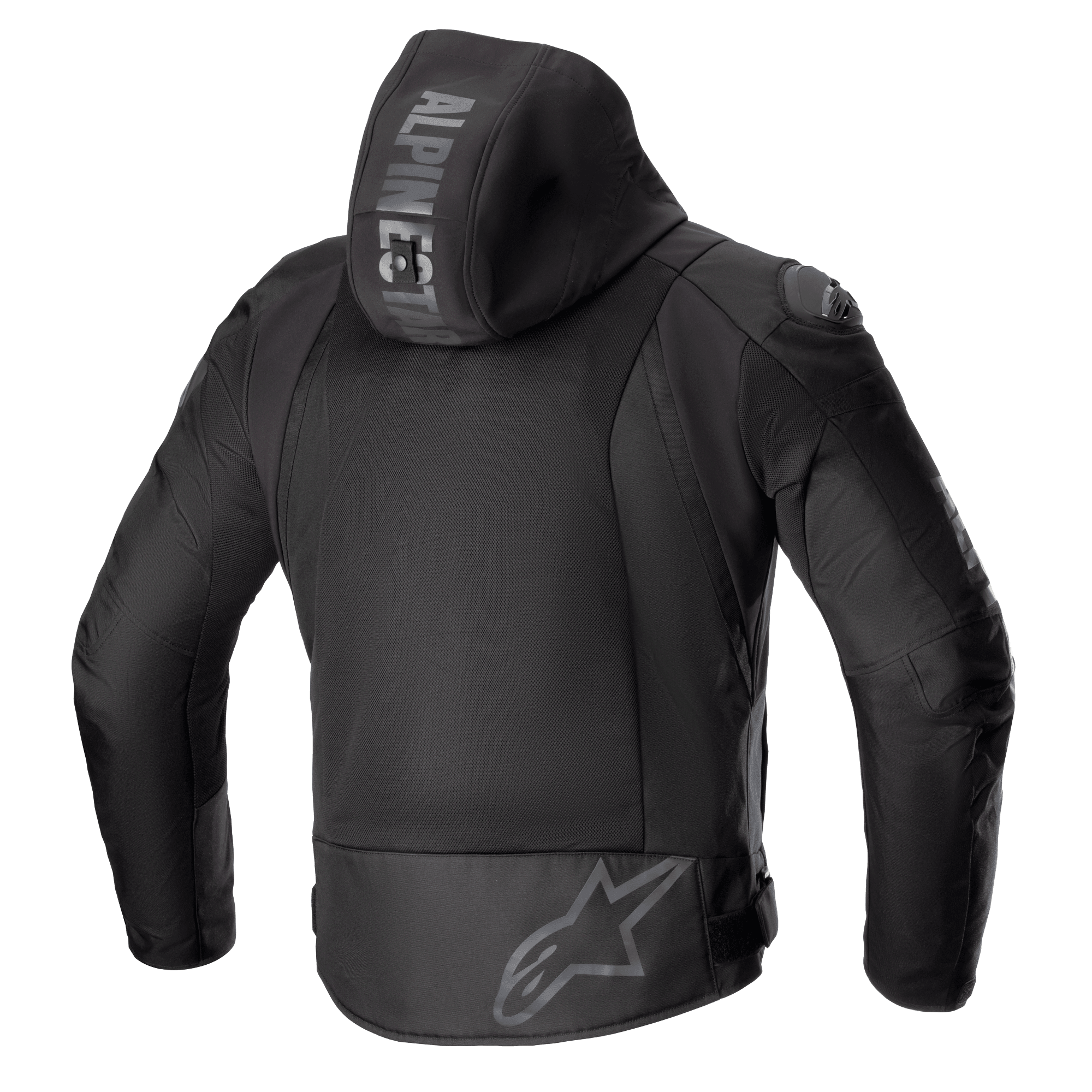 Alpinestars Zaca Air Jacket, chaqueta de moto textil, negra, vista posterior con amplios paneles de ventilación de malla 3D, capucha desmontable con marca Alpinestars, logotipo de estrella gris en la parte inferior de la espalda, equipo de protección para carretera con deslizadores de hombros DFS Lite