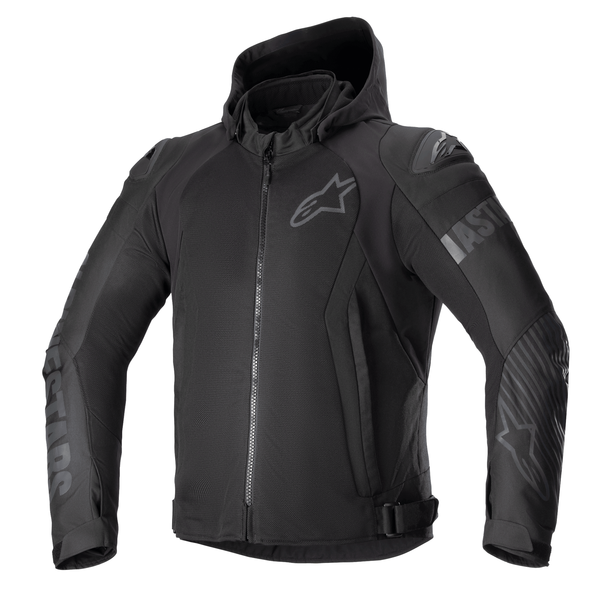 Alpinestars Zaca Air Jacket, chaqueta de moto textil negra, diseño con capucha y cremallera frontal, paneles de malla 3D para transpirabilidad, deslizadores externos DFS Lite en los hombros, logotipos tonales en el pecho y los brazos, correas de ajuste en la cintura, estilo urbano deportivo