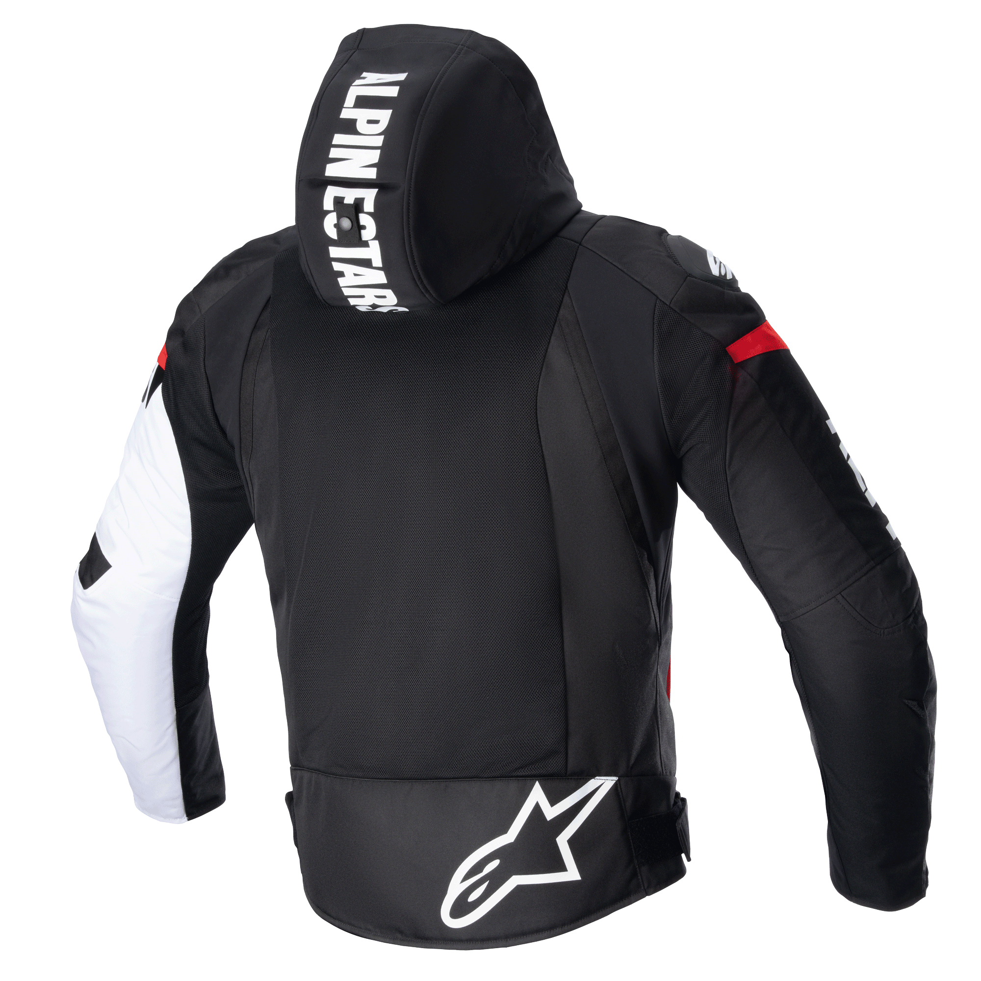 Chaqueta Alpinestars Zaca Air, chaqueta textil para moto, negro, blanco y rojo flúor, vista posterior con capucha desmontable con marca llamativa, panel trasero grande de malla 3D para ventilación y logotipo Astars blanco en la parte inferior de la espalda.