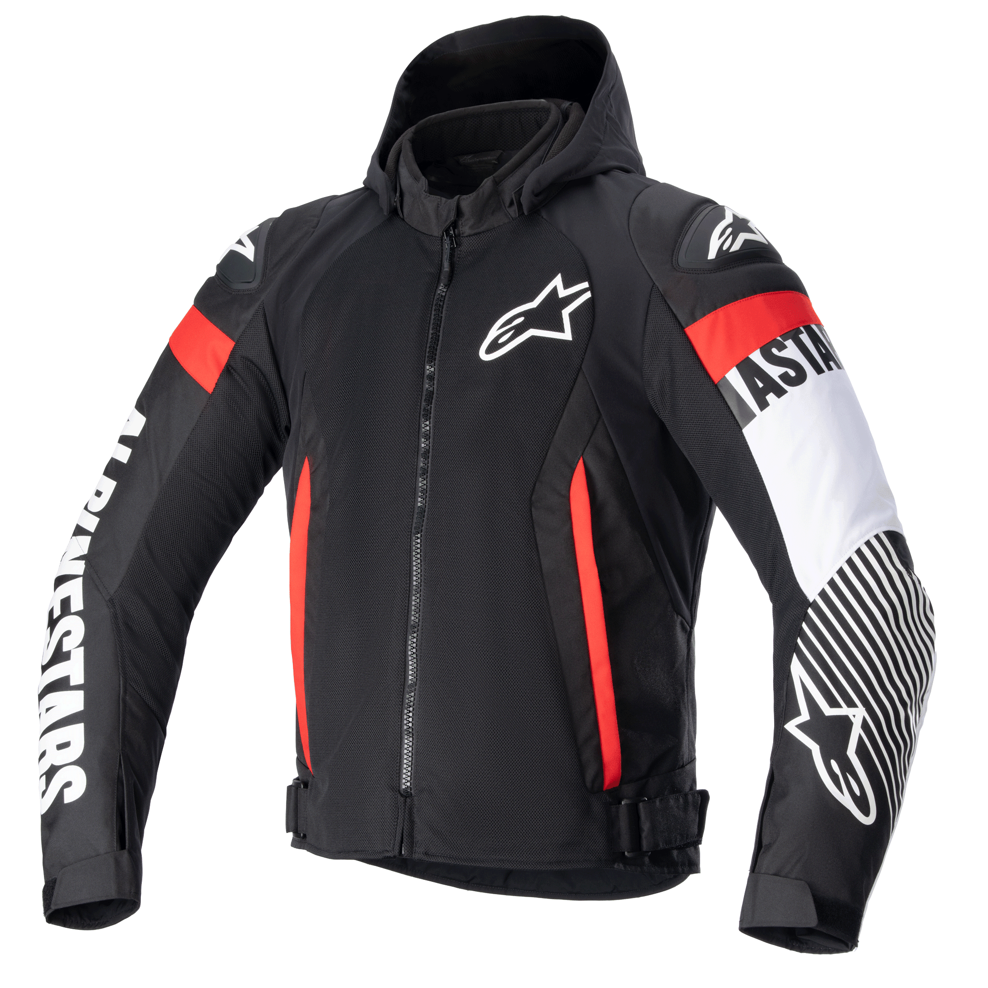 Alpinestars Zaca Air Jacket, chaqueta de moto textil negra con detalles rojos y blanco flúor, con capucha desmontable, paneles de malla 3D para ventilación, marca Alpinestars en blanco en las mangas, logo de estrella en el pecho y correas ajustables en la cintura.