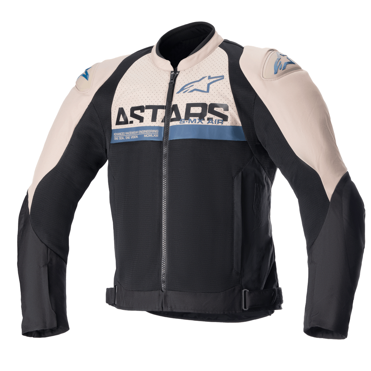 Alpinestars SMX Air Jacket, motorcycle sport jacket, light brown and black with sodalite blue accents, mesh ventilation panels, ASTARS branding on chest, front zip closure, adjustable waist straps, protective shoulder sliders