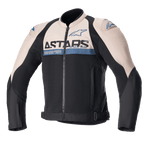 Alpinestars SMX Air Jacket, motorcycle sport jacket, light brown and black with sodalite blue accents, mesh ventilation panels, ASTARS branding on chest, front zip closure, adjustable waist straps, protective shoulder sliders