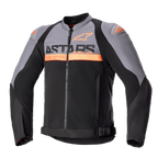 Alpinestars SMX Air Jacket, Motorcycle Sport Jacket, Dark Gray and Black with Orange Fluo accents, featuring perforated tech mesh panels and bold ASTARS branding on the chest, long sleeves, front zipper, and adjustable waist straps, technical ventilated riding gear.