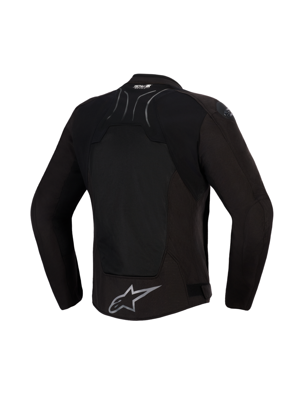 Chaqueta Alpinestars SMX Air, Negro Antracita, vista posterior, con un gran panel de malla técnica en la espalda para ventilación, marca Tech-Air® Ready en la parte superior y logotipo de estrella de Alpinestars plateado en el dobladillo inferior, diseñada para conducción deportiva en climas cálidos.