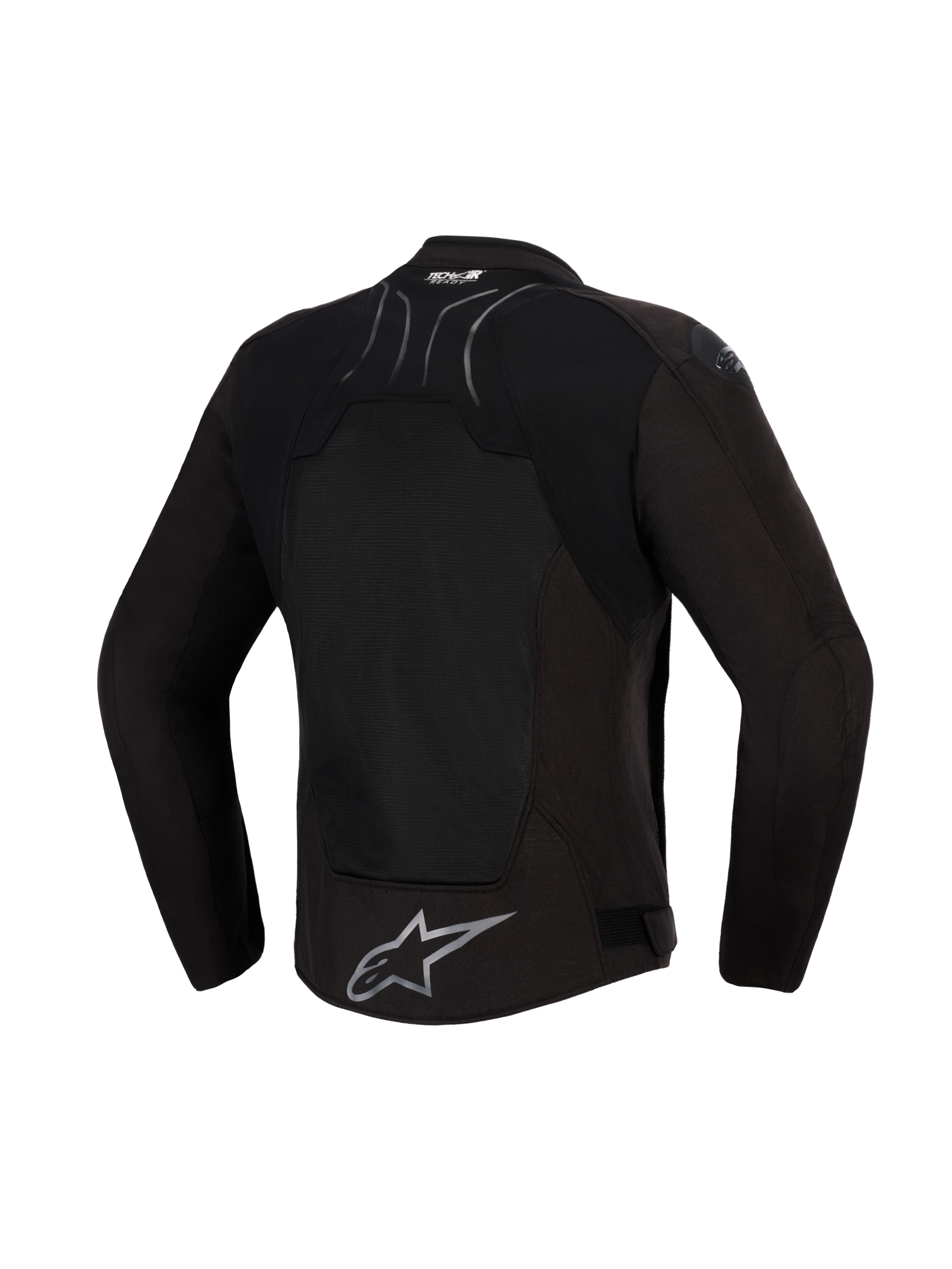 Chaqueta Alpinestars SMX Air, Negro Antracita, vista posterior, con un gran panel de malla técnica en la espalda para ventilación, marca Tech-Air® Ready en la parte superior y logotipo de estrella de Alpinestars plateado en el dobladillo inferior, diseñada para conducción deportiva en climas cálidos.